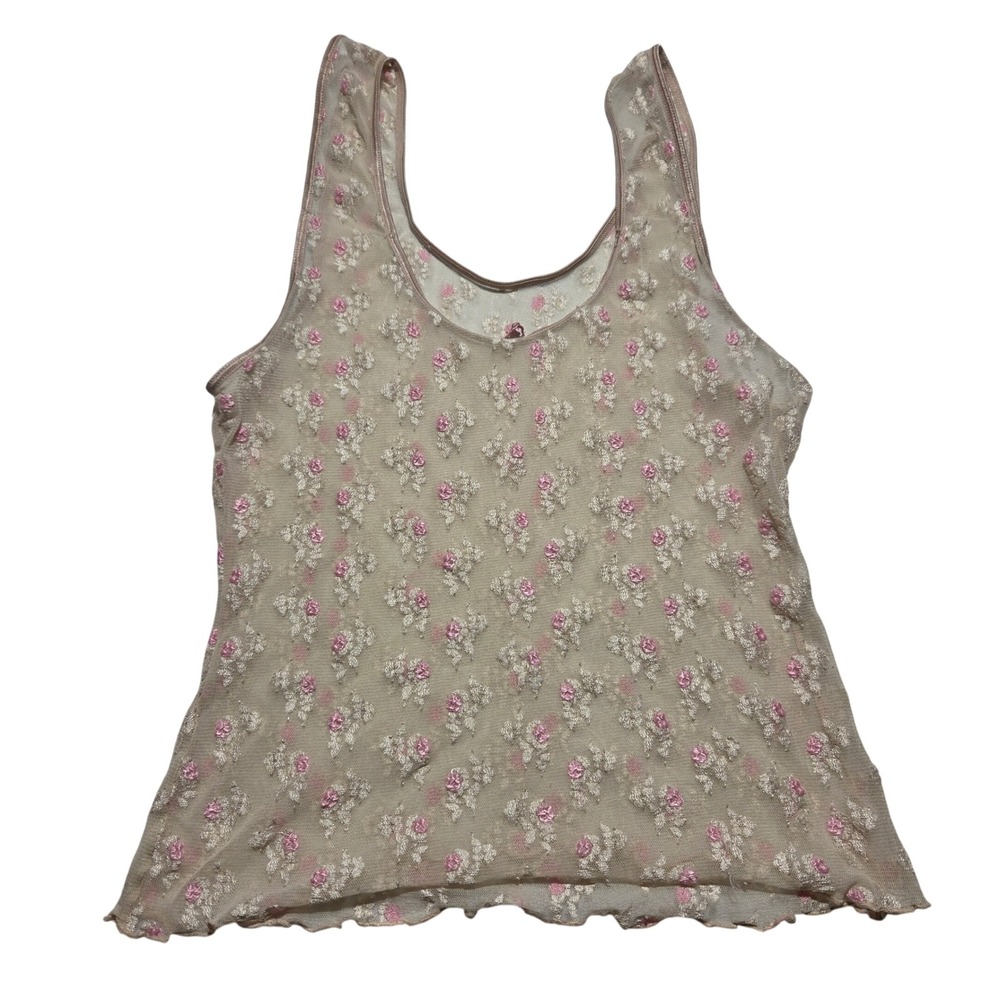 Y2k 2000s Vintage Sheer Mesh Floral Embroidered Tank Top Pink Rosebud Hem Small
